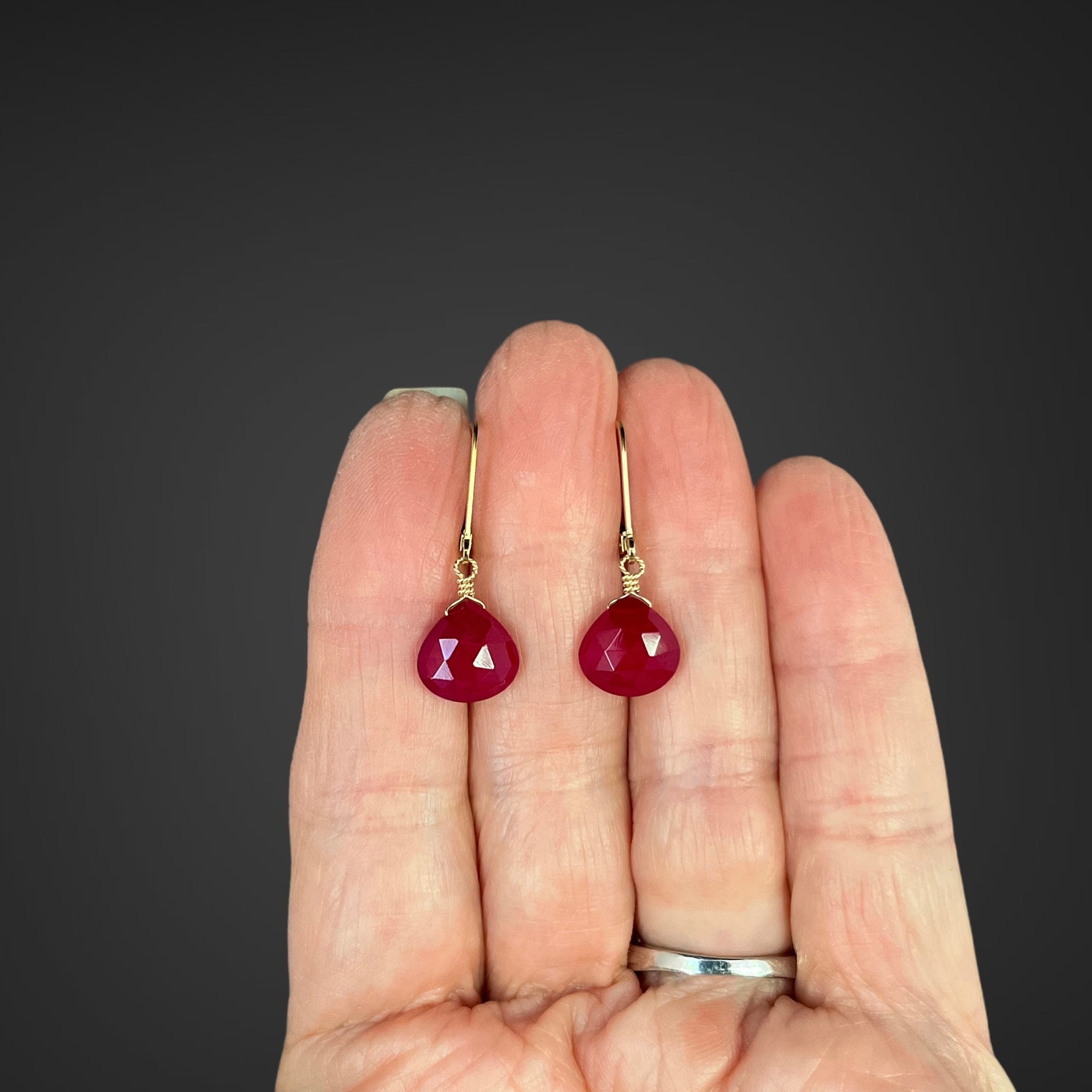 Magenta Chalcedony Teardrop Earrings on Gold Filled Leverbacks