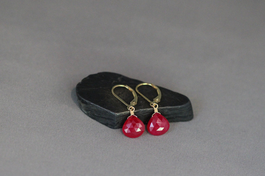 Magenta Chalcedony Teardrop Earrings on Gold Filled Leverbacks