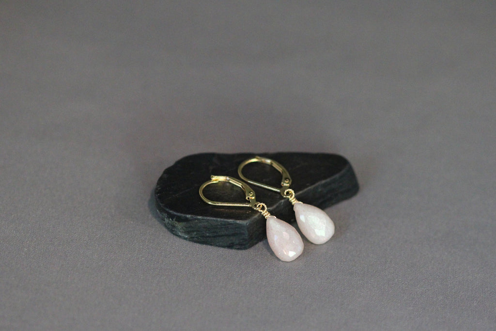 Pink Moonstone Teardrop Dangle Earrings in Gold Filled