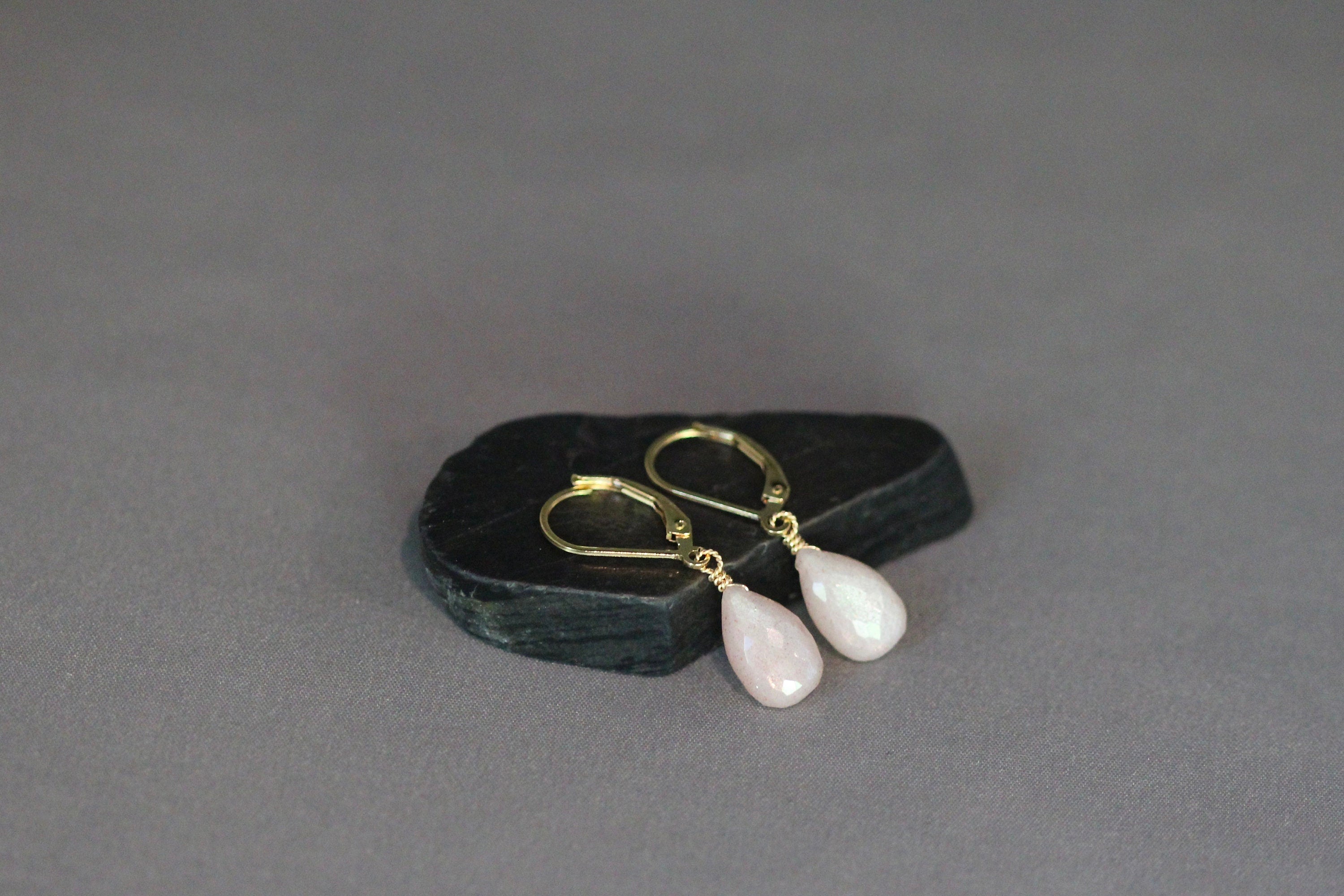 Pink Moonstone Teardrop Dangle Earrings in Gold Filled