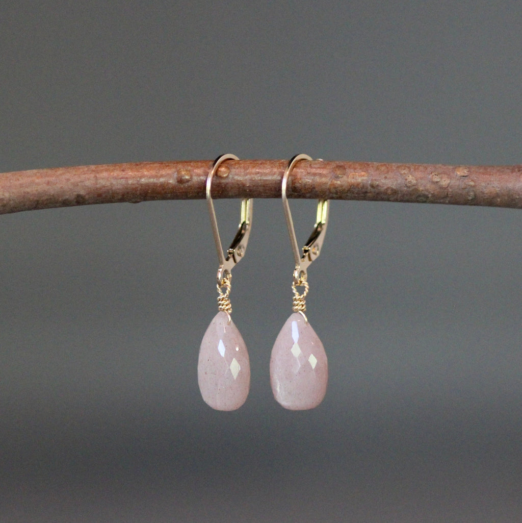 Pink Moonstone Teardrop Dangle Earrings in Gold Filled