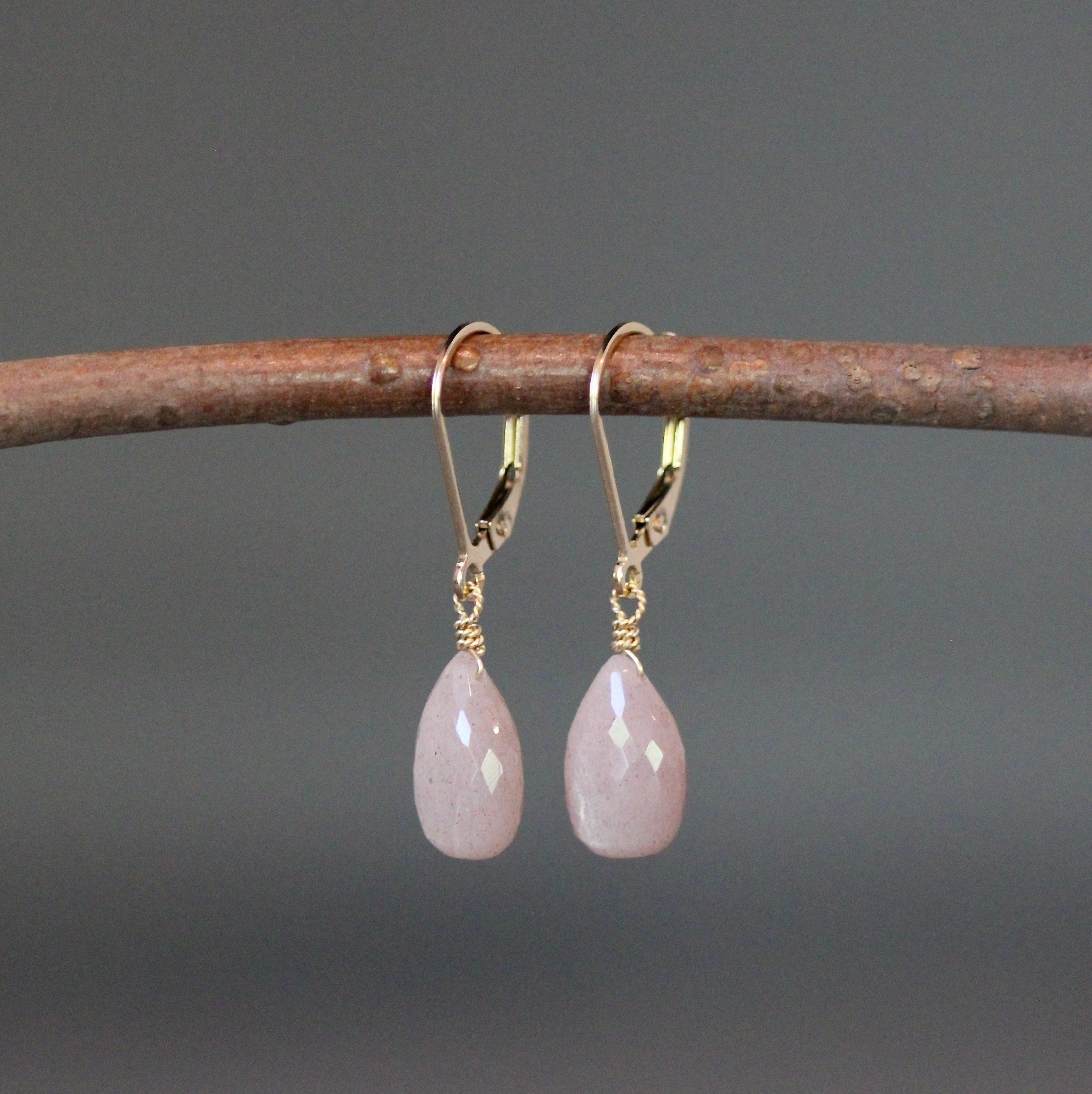 Pink Moonstone Teardrop Dangle Earrings in Gold Filled