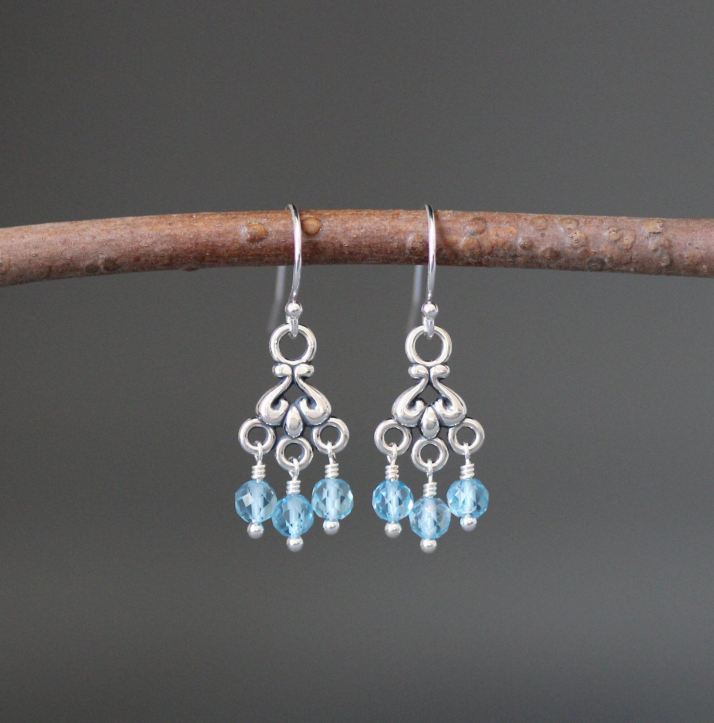 Blue Topaz Dangle Earrings on Bali Silver Chandelier Links
