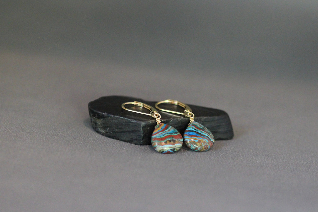 Rainbow Calsilica Teardrop Earrings on Gold Filled Leverback Earwires