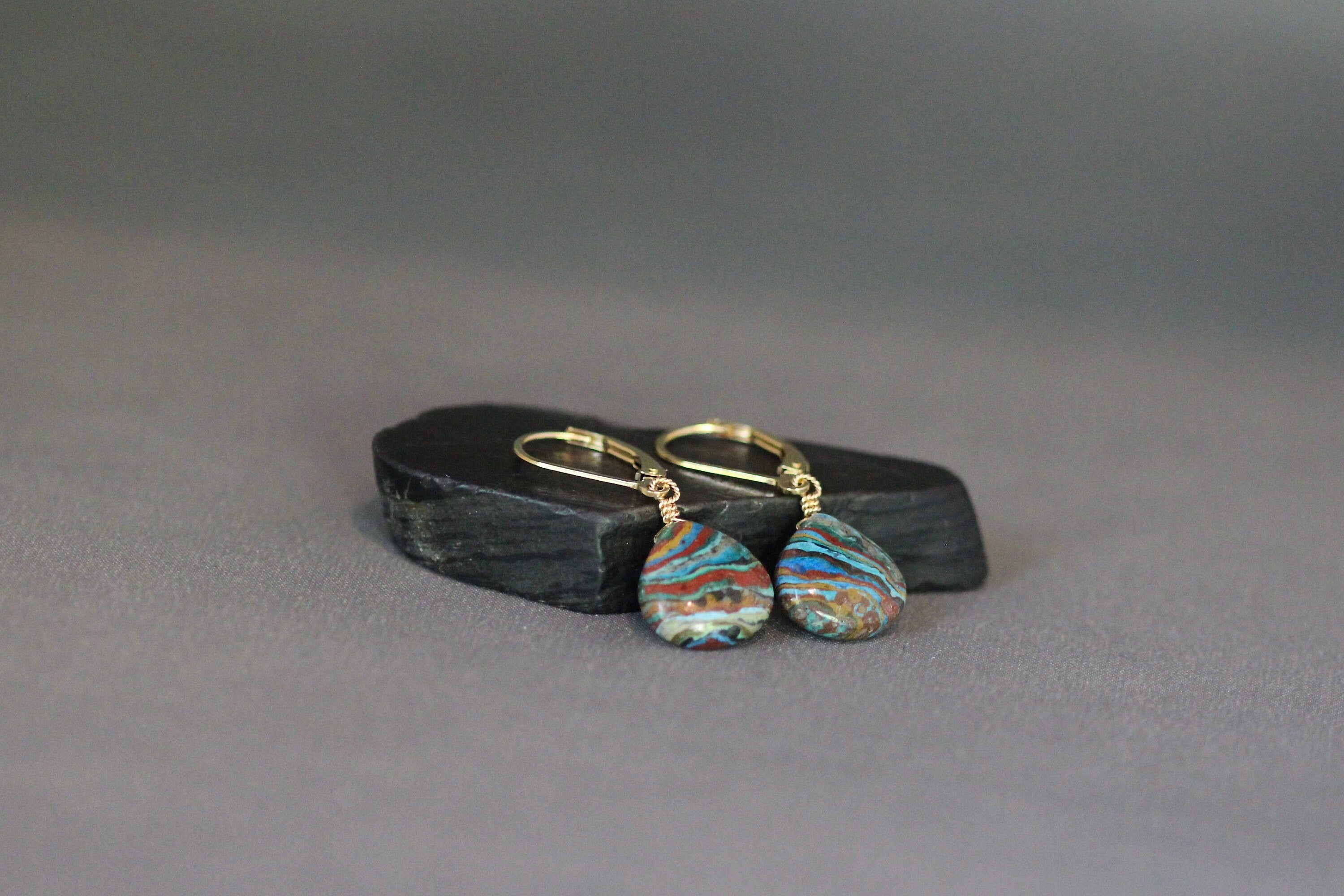 Rainbow Calsilica Teardrop Earrings on Gold Filled Leverback Earwires