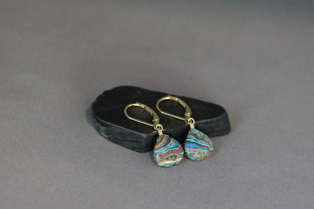 Rainbow Calsilica Teardrop Earrings on Gold Filled Leverback Earwires