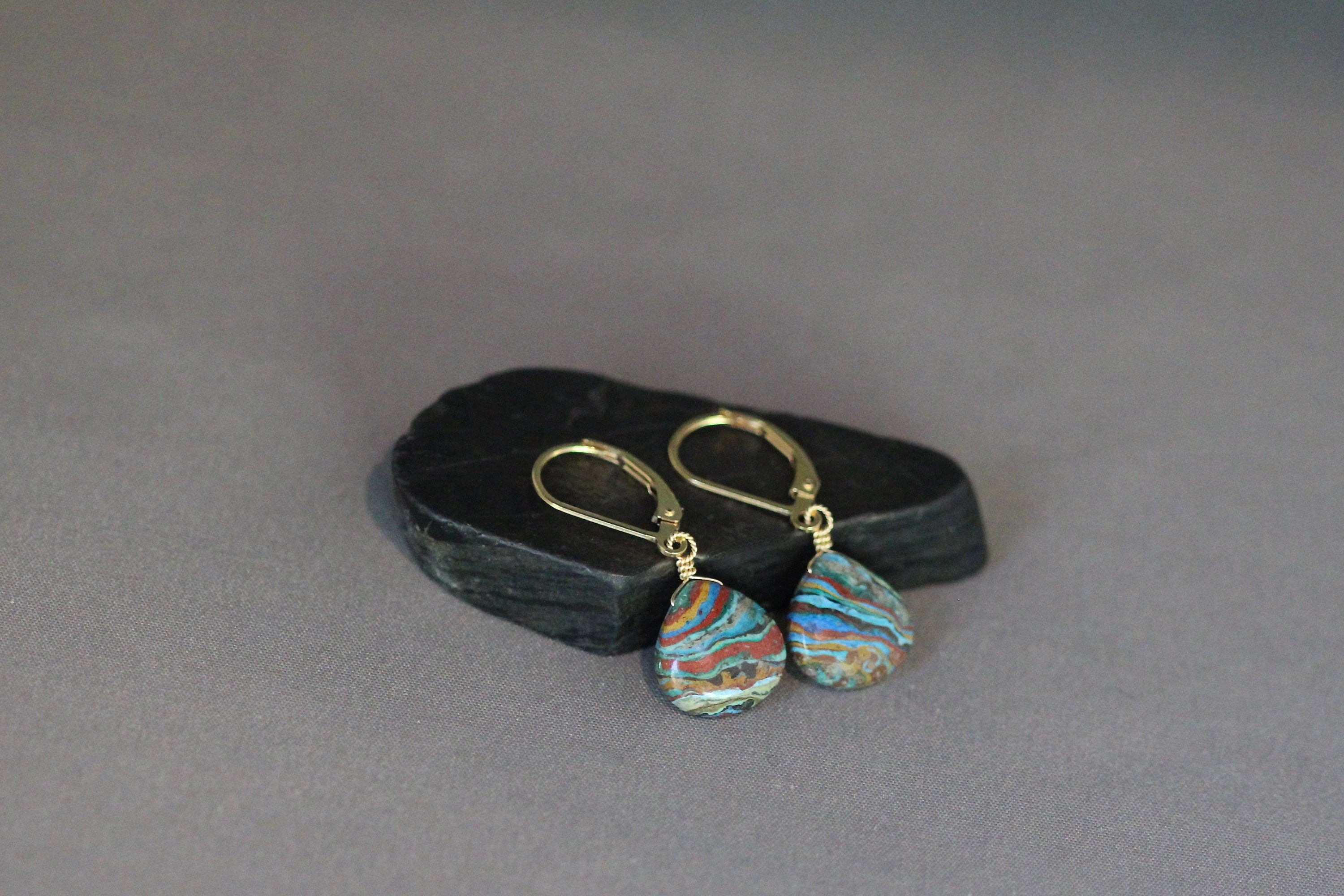 Rainbow Calsilica Teardrop Earrings on Gold Filled Leverback Earwires