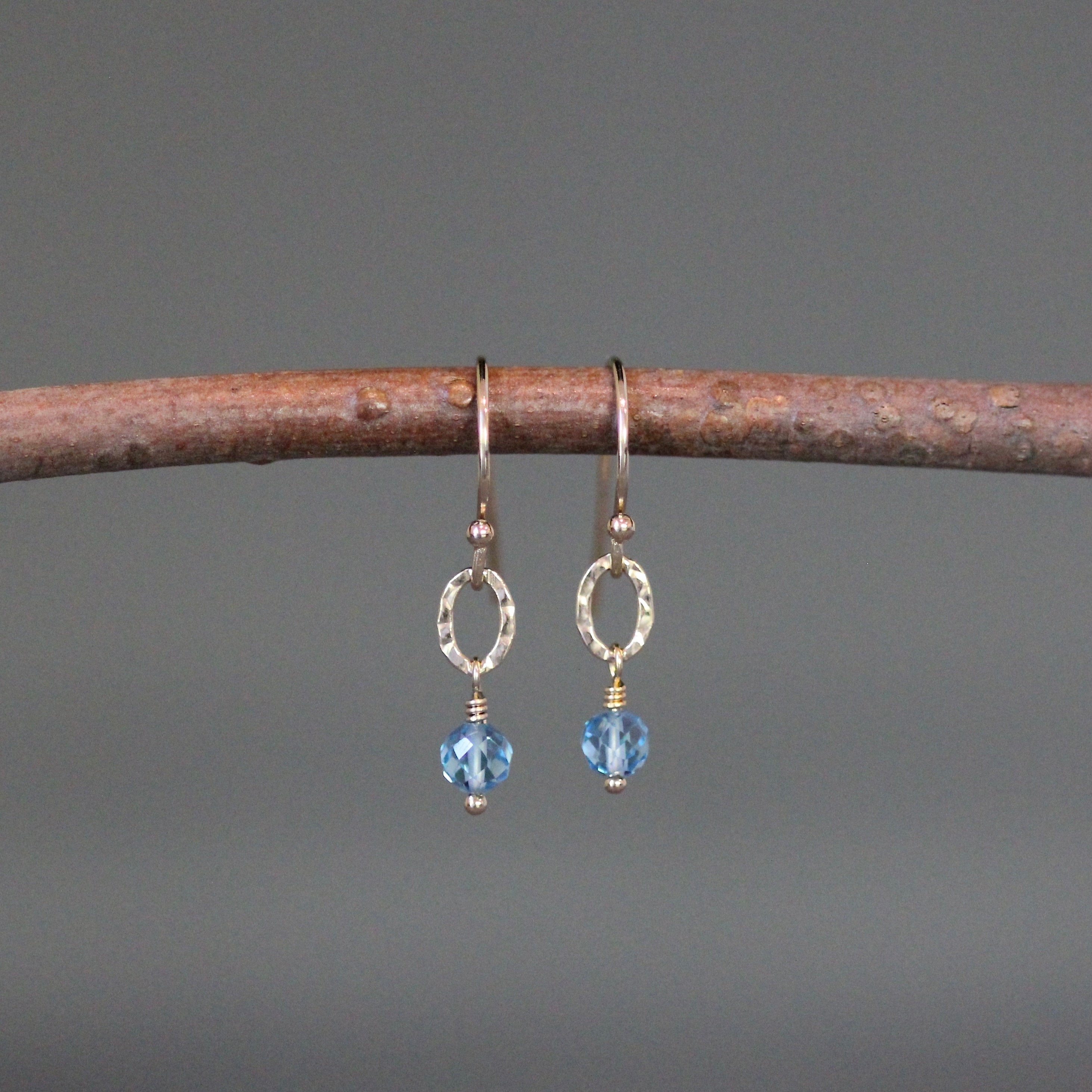 Blue Topaz and Gold Filled Hammered Oval Link Necklace