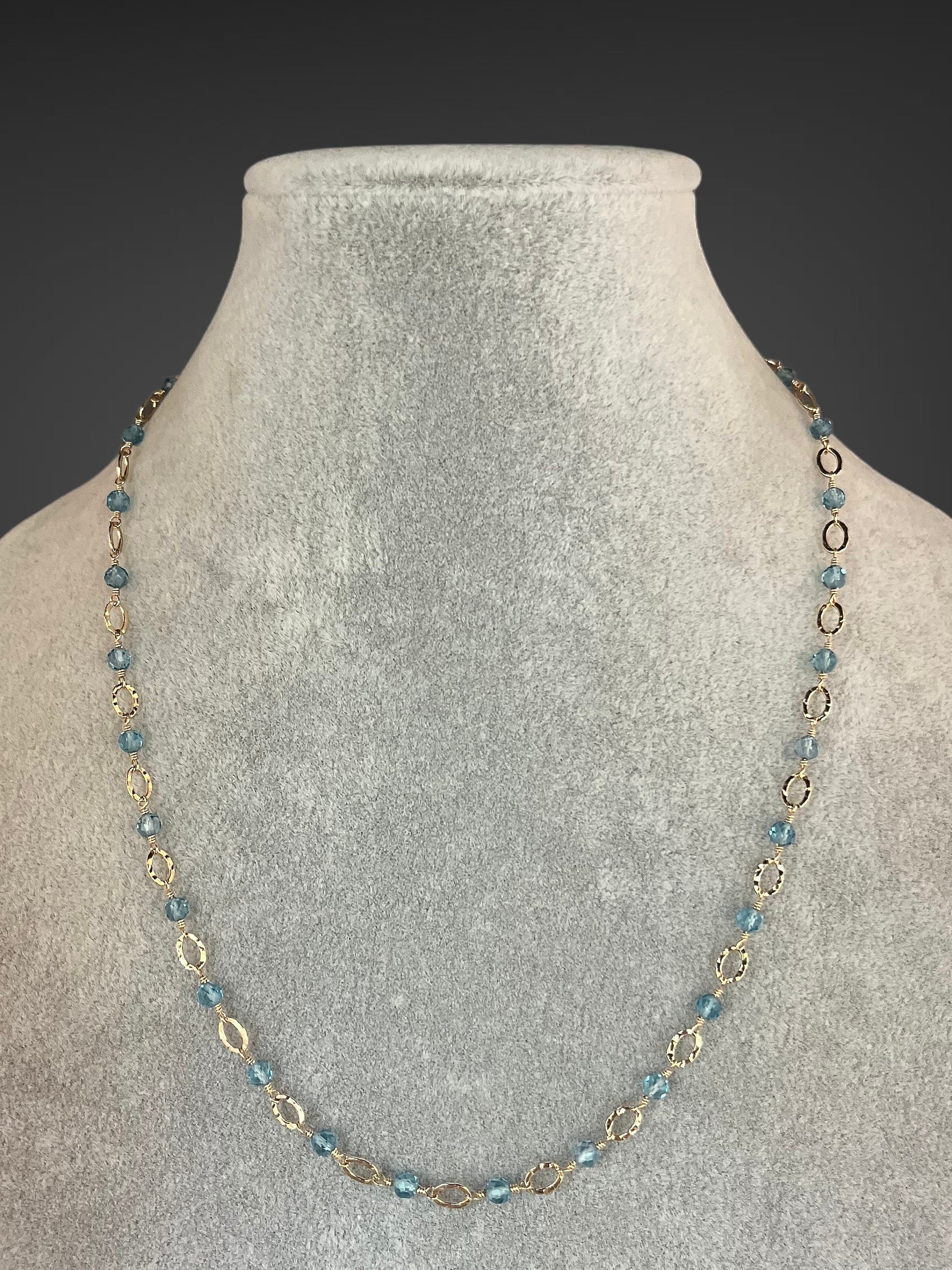 Blue Topaz and Gold Filled Hammered Oval Link Necklace
