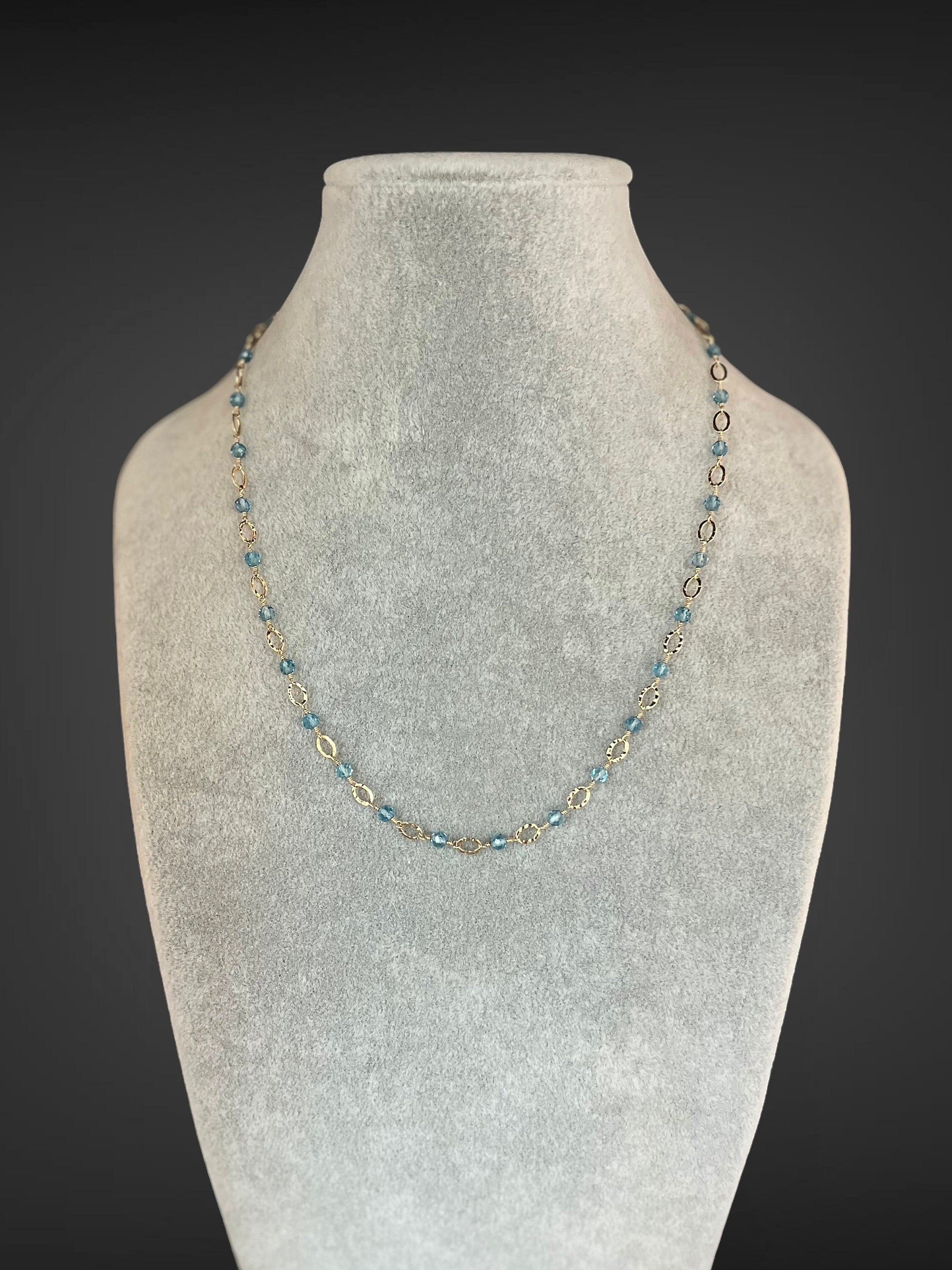 Blue Topaz and Gold Filled Hammered Oval Link Necklace
