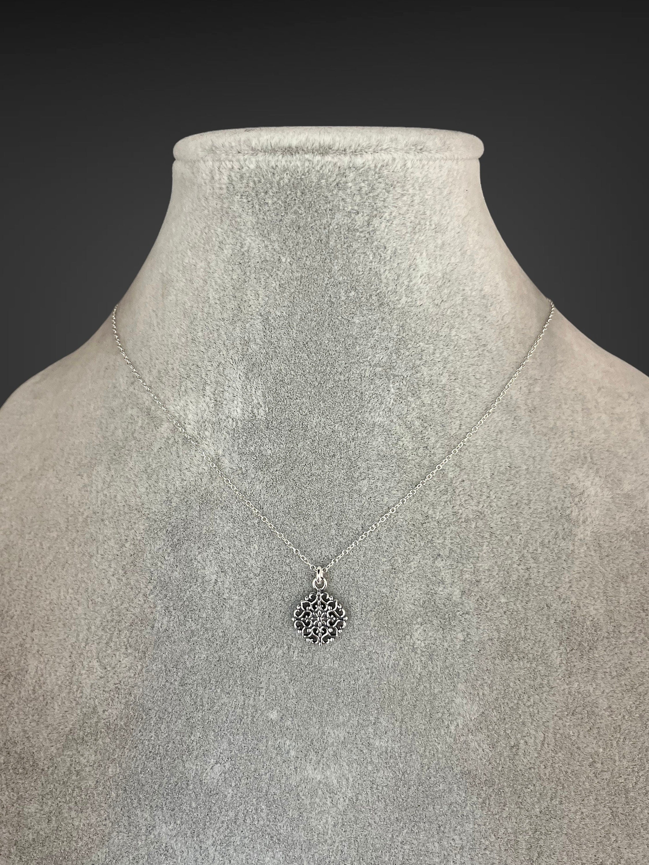 Bali Silver Filigree Flower Pendant on Silver Chain