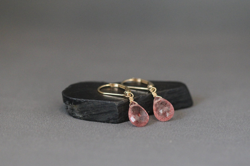 Strawberry Quartz Teardrop Earrings on Gold Filled Leverbacks