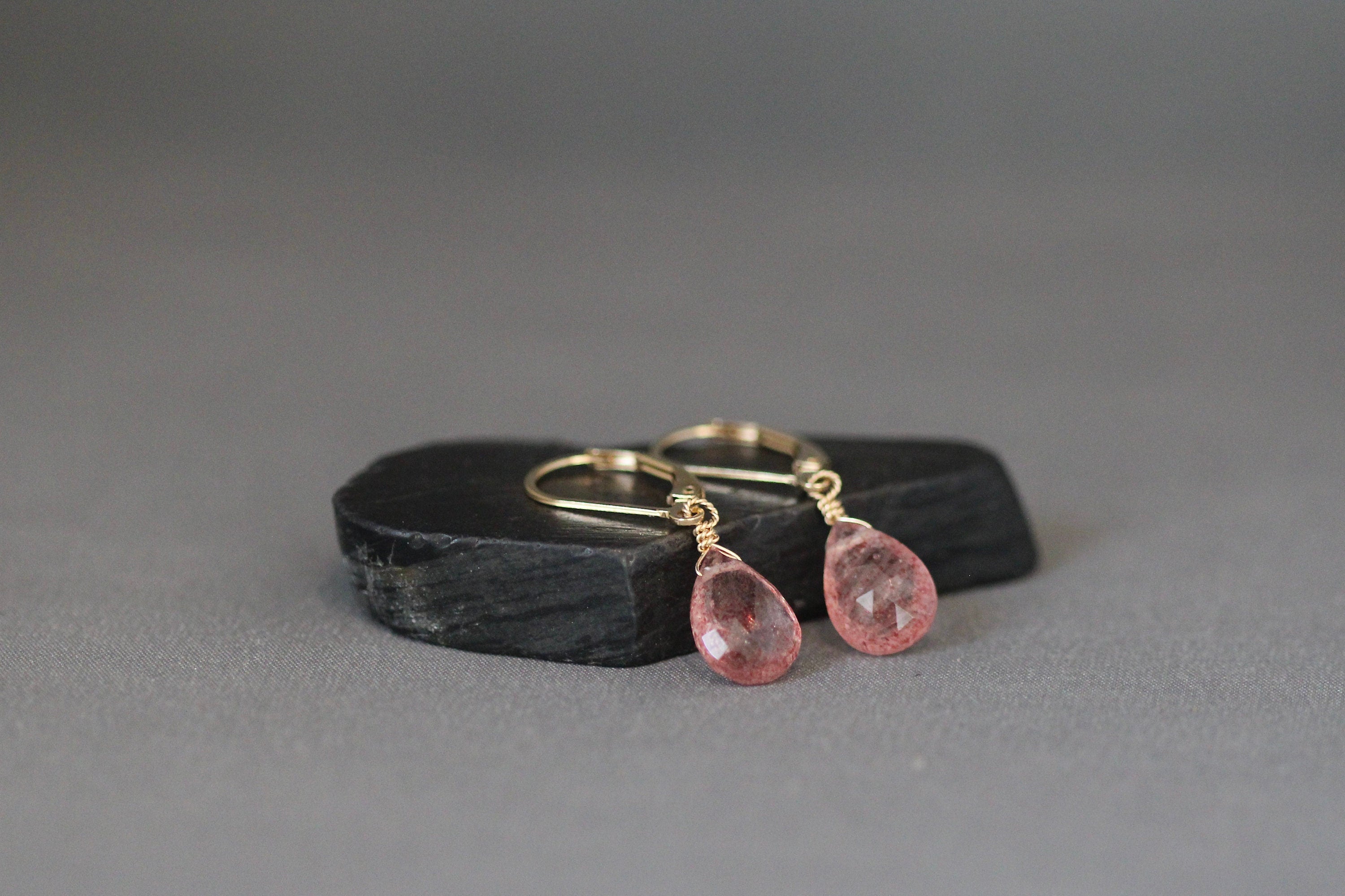 Strawberry Quartz Teardrop Earrings on Gold Filled Leverbacks