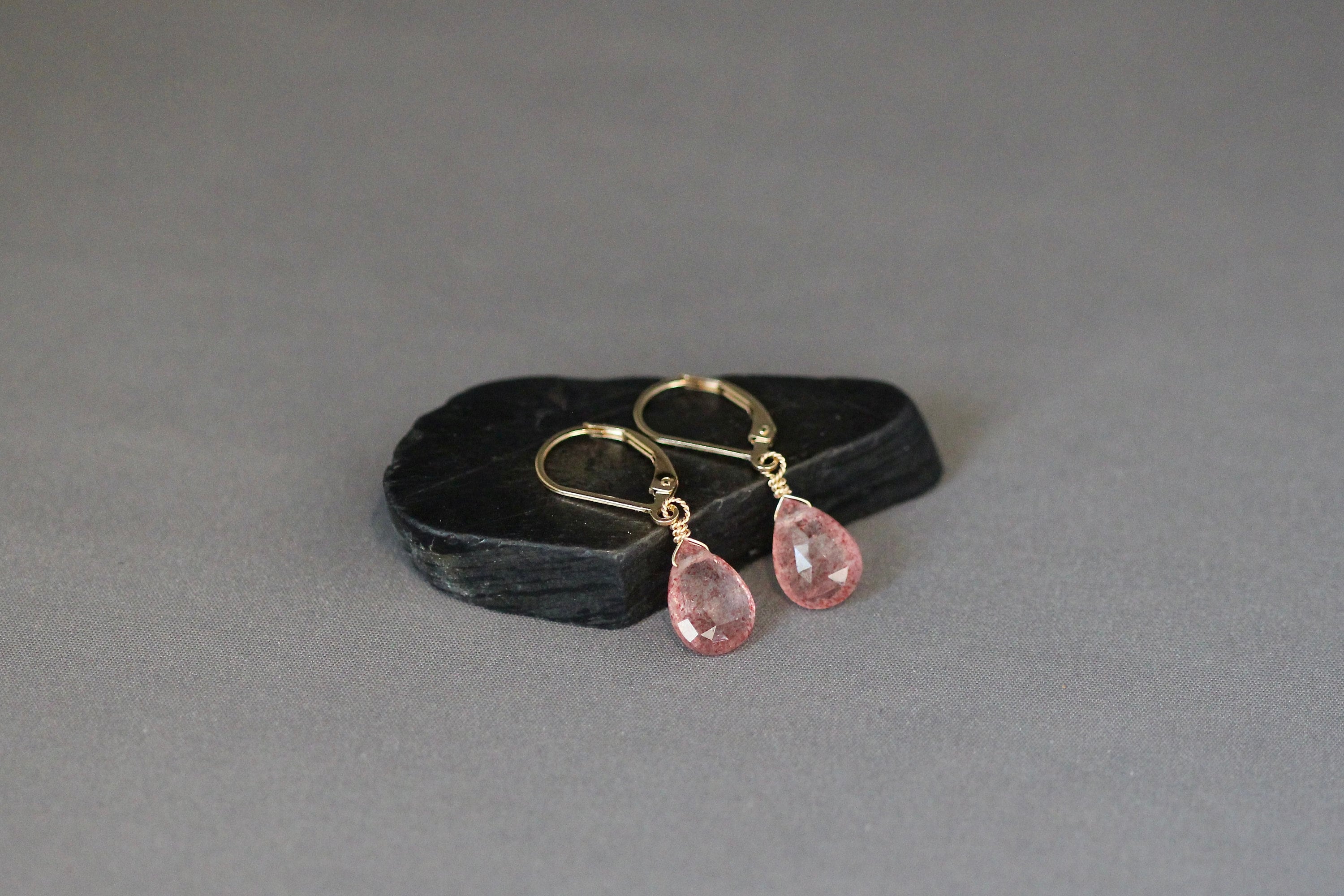 Strawberry Quartz Teardrop Earrings on Gold Filled Leverbacks