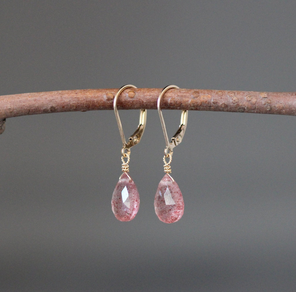 Strawberry Quartz Teardrop Earrings on Gold Filled Leverbacks