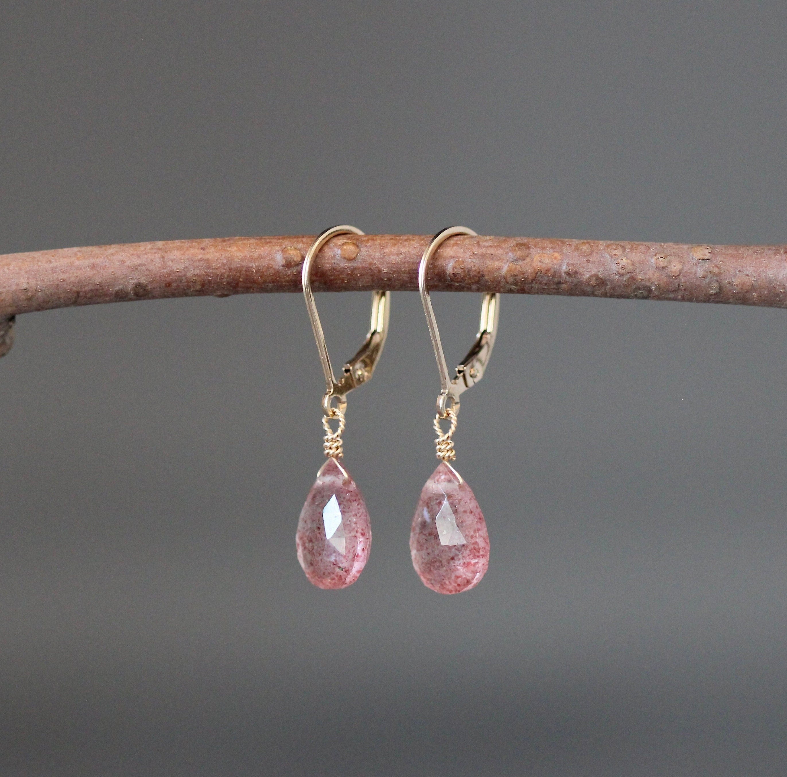 Strawberry Quartz Teardrop Earrings on Gold Filled Leverbacks