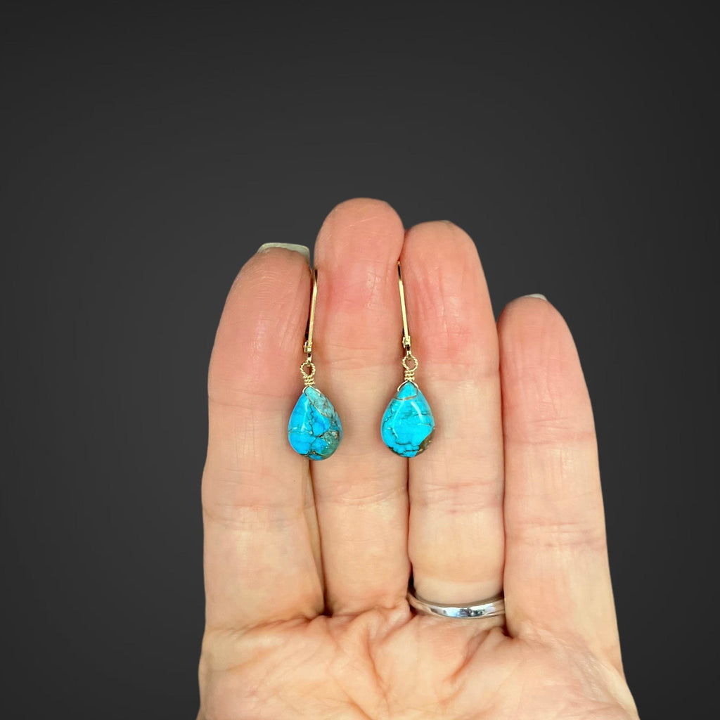 Blue Copper Turquoise Teardrop Dangle Earrings on Gold Filled Leverbacks