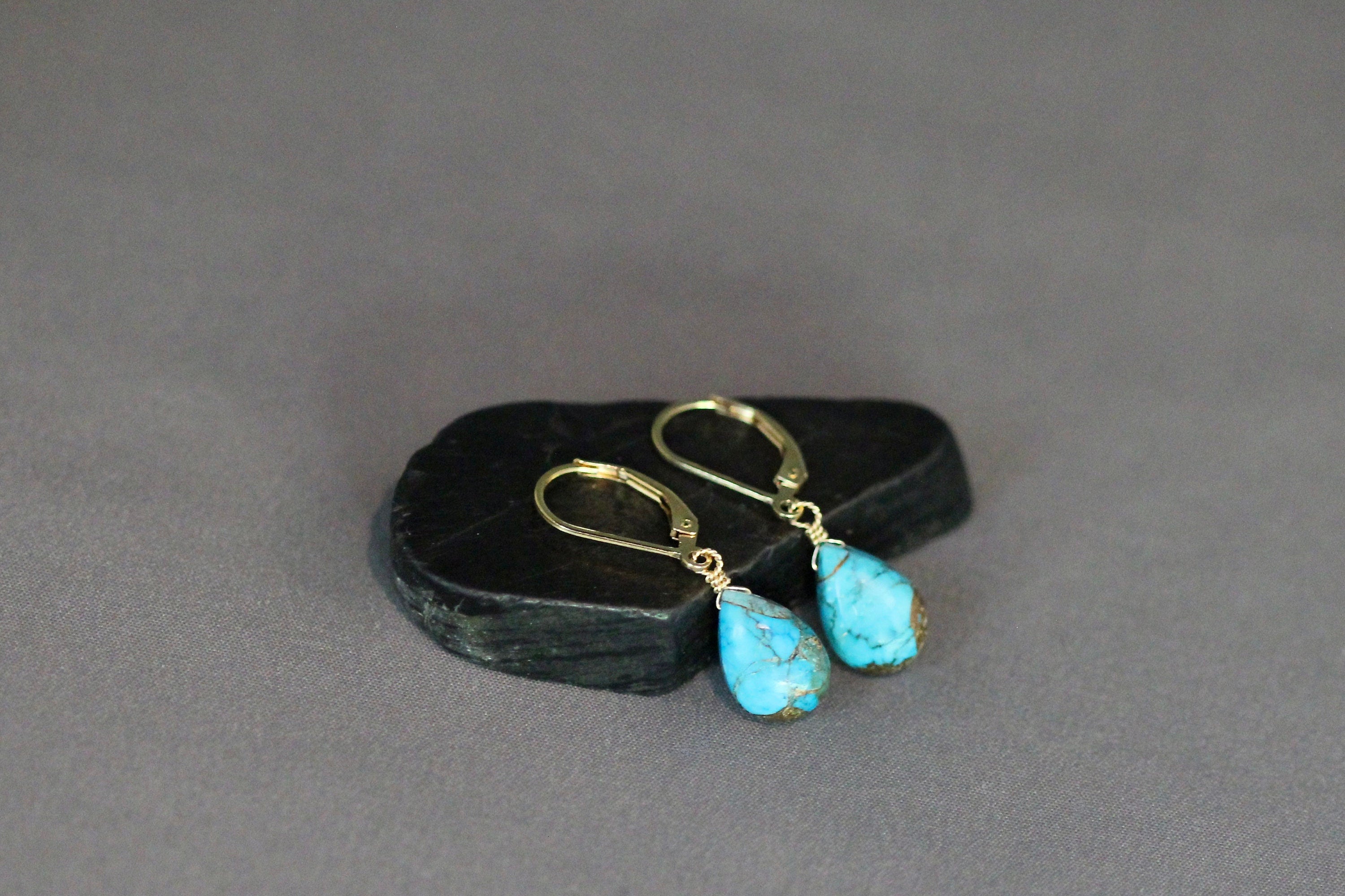 Blue Copper Turquoise Teardrop Dangle Earrings on Gold Filled Leverbacks