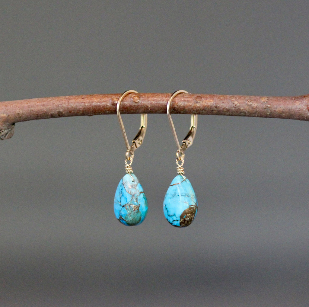 Blue Copper Turquoise Teardrop Dangle Earrings on Gold Filled Leverbacks