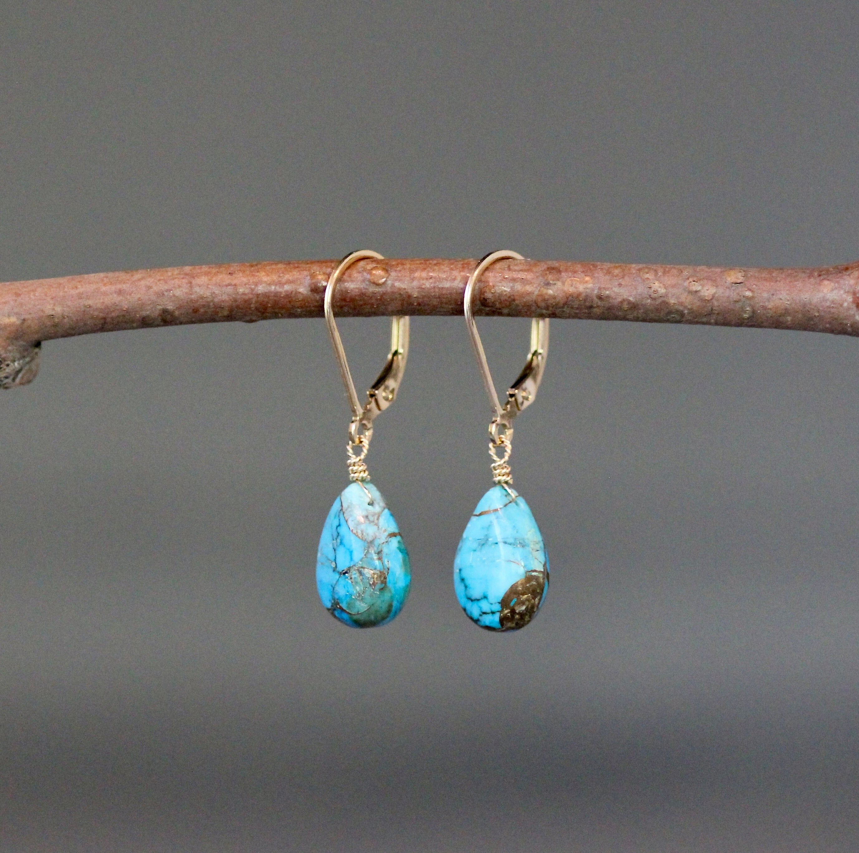 Blue Copper Turquoise Teardrop Dangle Earrings on Gold Filled Leverbacks