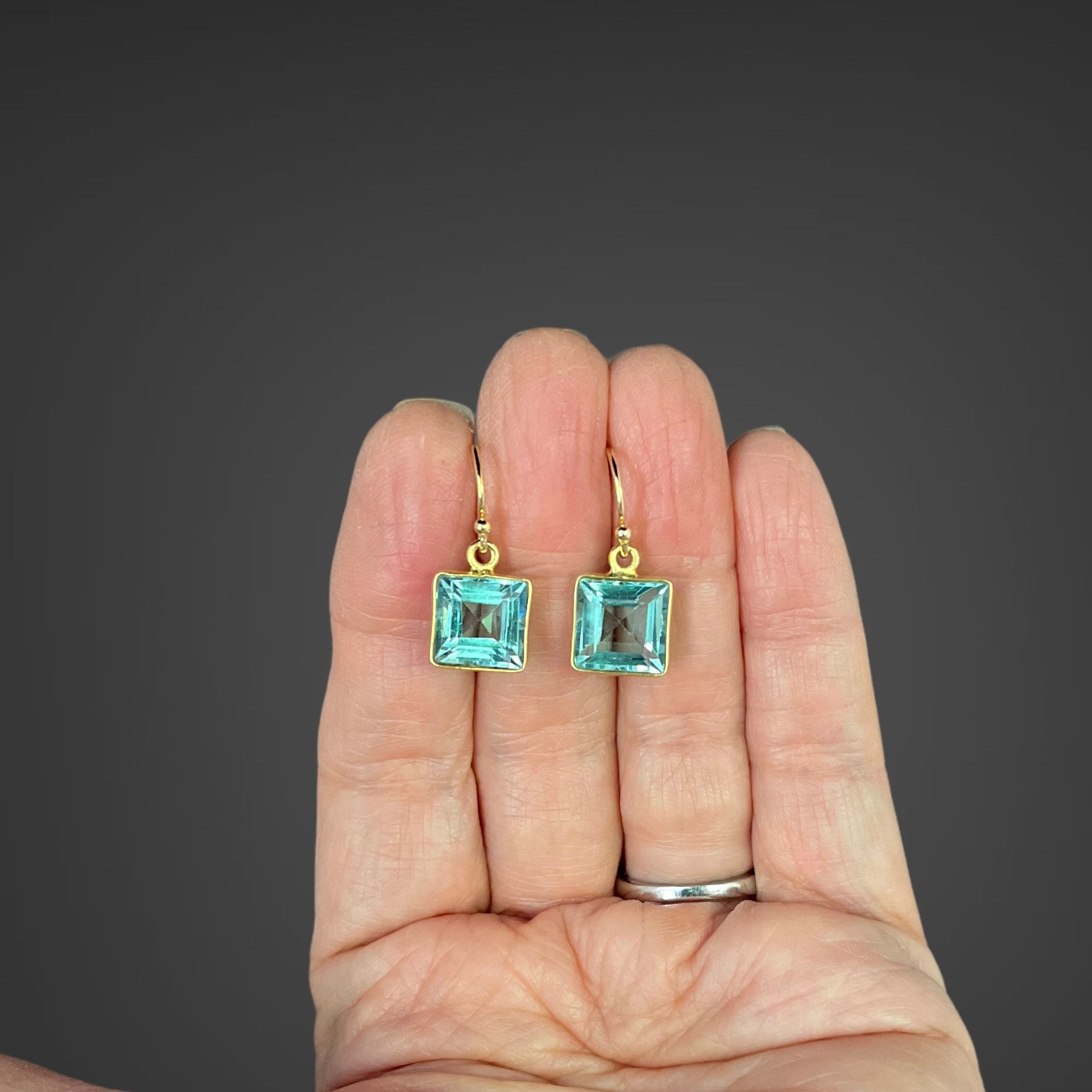 Blue Topaz Quartz Square Earrings in Gold Vermeil Bezel Settings