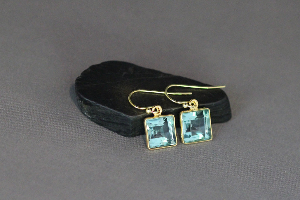 Blue Topaz Quartz Square Earrings in Gold Vermeil Bezel Settings