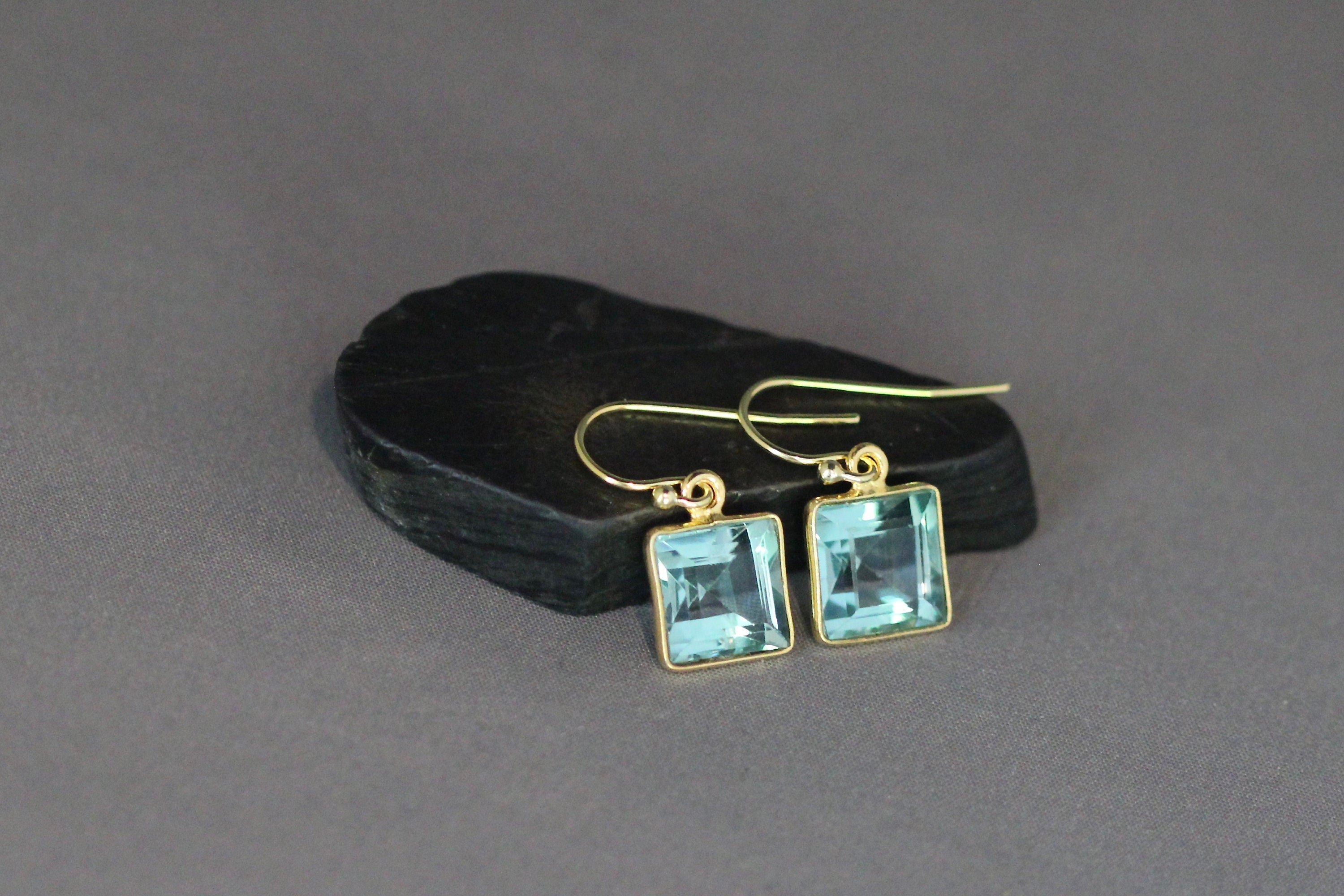 Blue Topaz Quartz Square Earrings in Gold Vermeil Bezel Settings