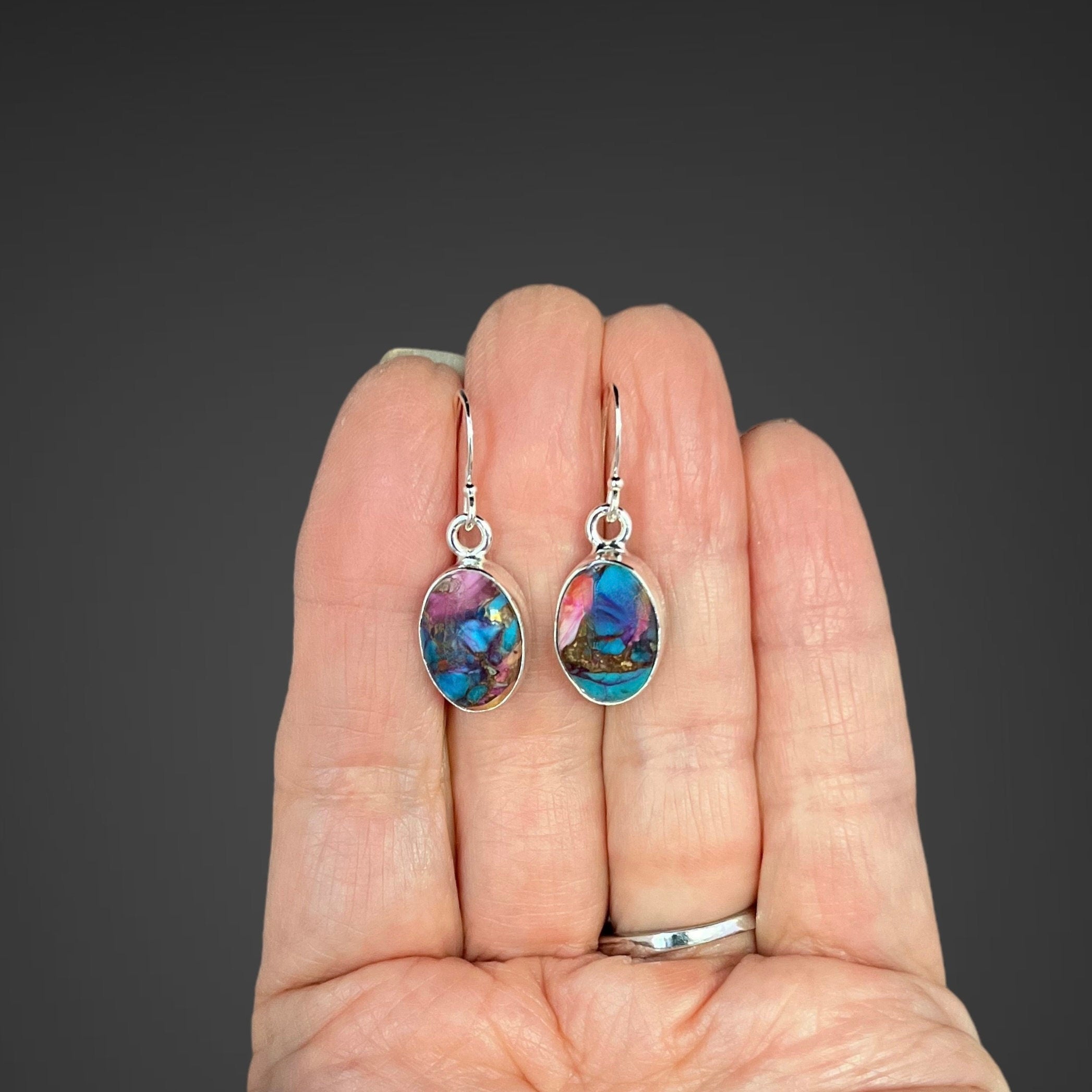 Mojave Copper Turquoise Oval Cabochon Earrings in Sterling Silver Bezels