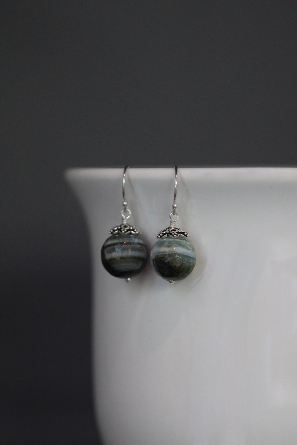 Green Agate Dangle Earrings with Bali Sterling Silver Caps