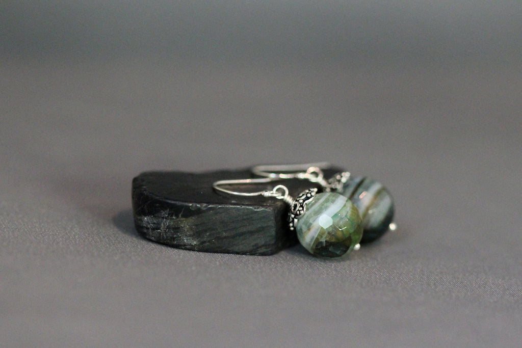 Green Agate Dangle Earrings with Bali Sterling Silver Caps