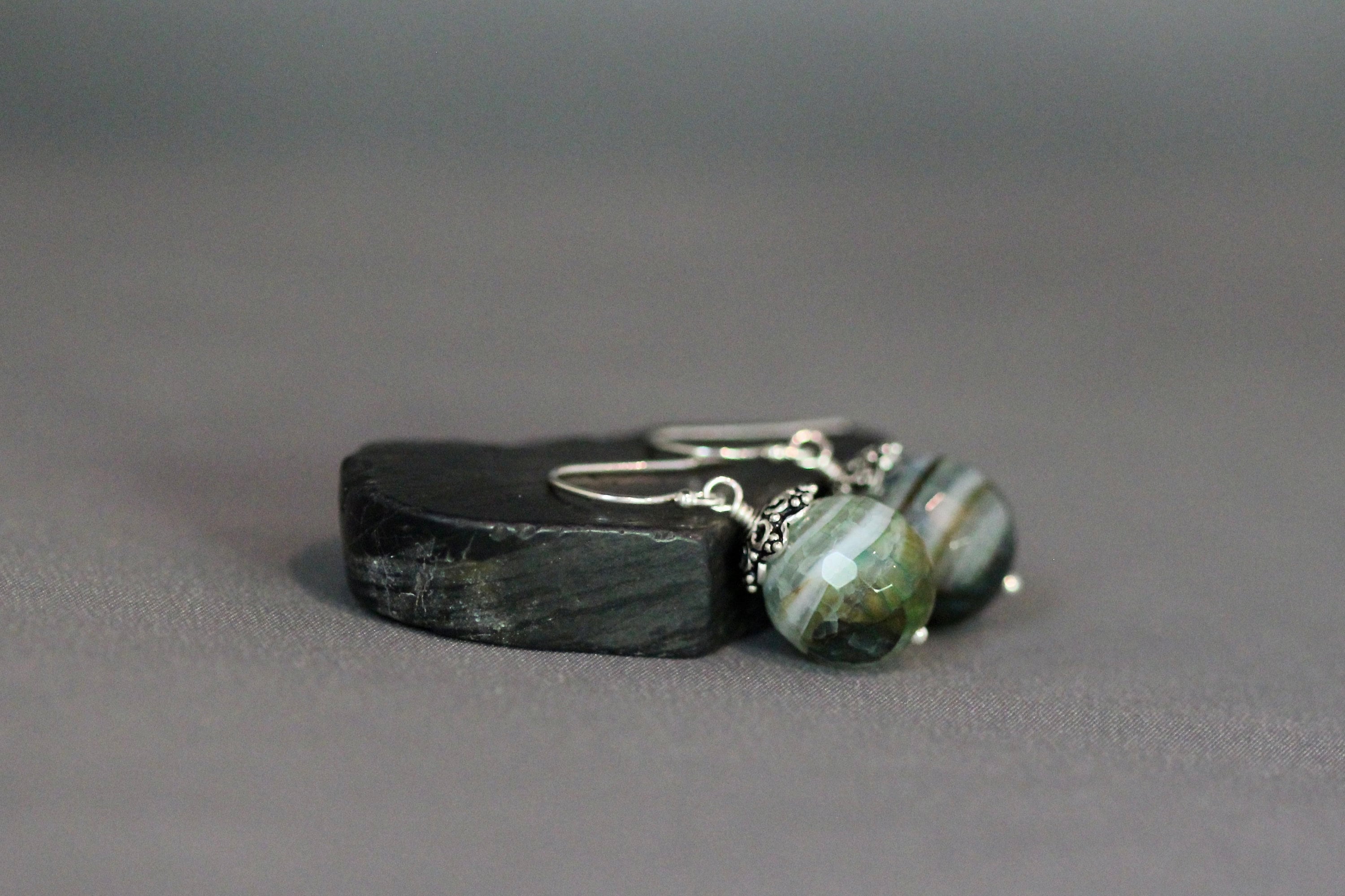 Green Agate Dangle Earrings with Bali Sterling Silver Caps