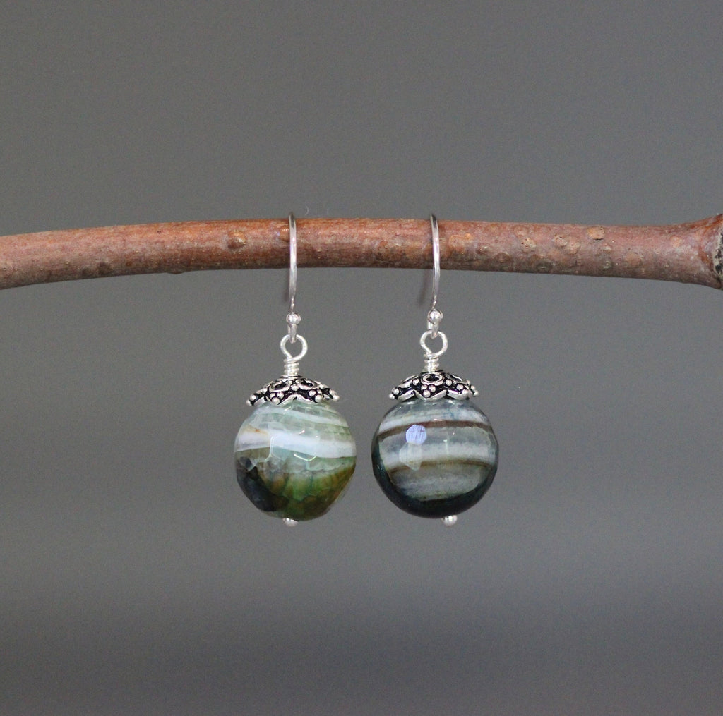 Green Agate Dangle Earrings with Bali Sterling Silver Caps