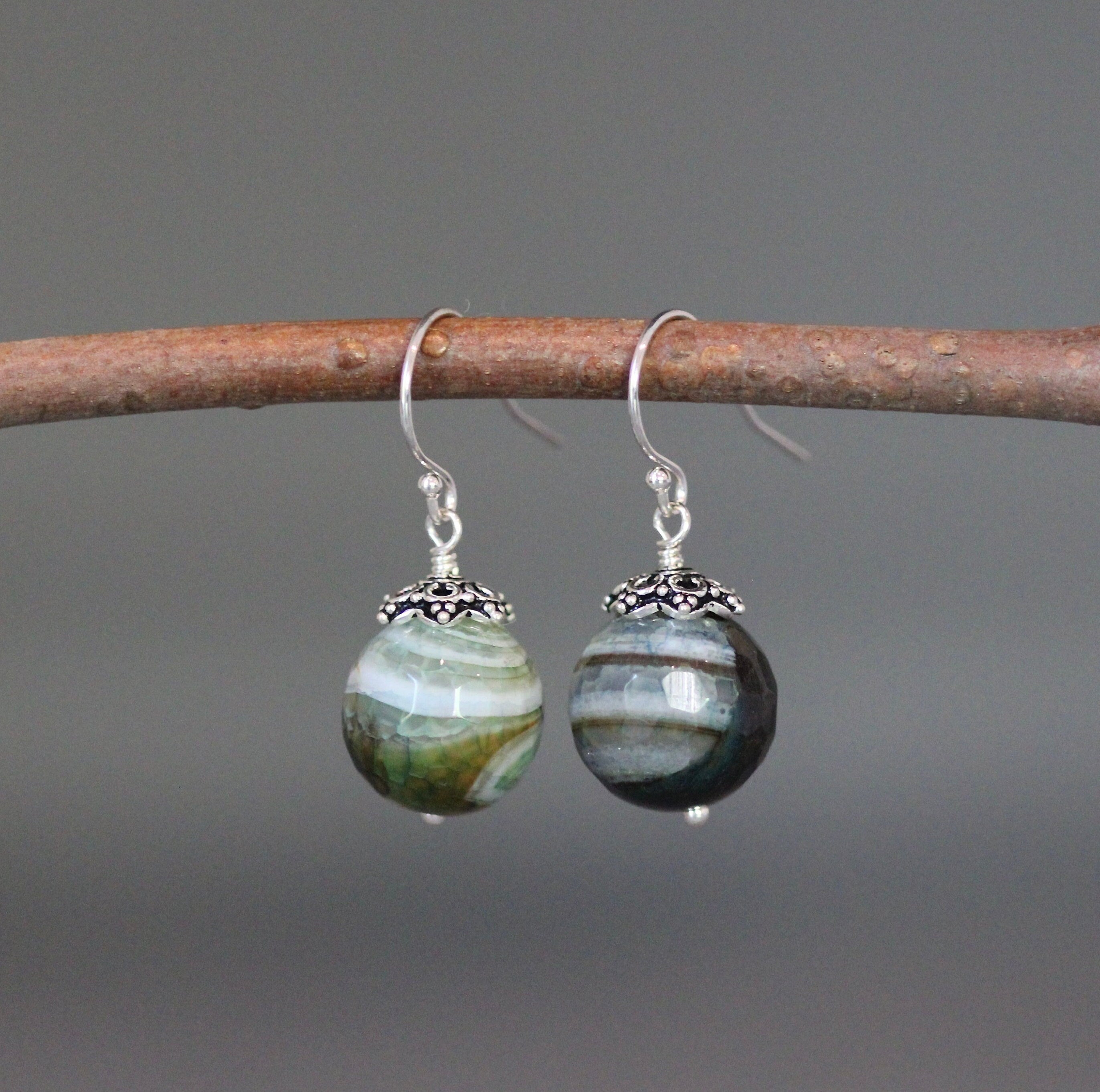 Green Agate Dangle Earrings with Bali Sterling Silver Caps