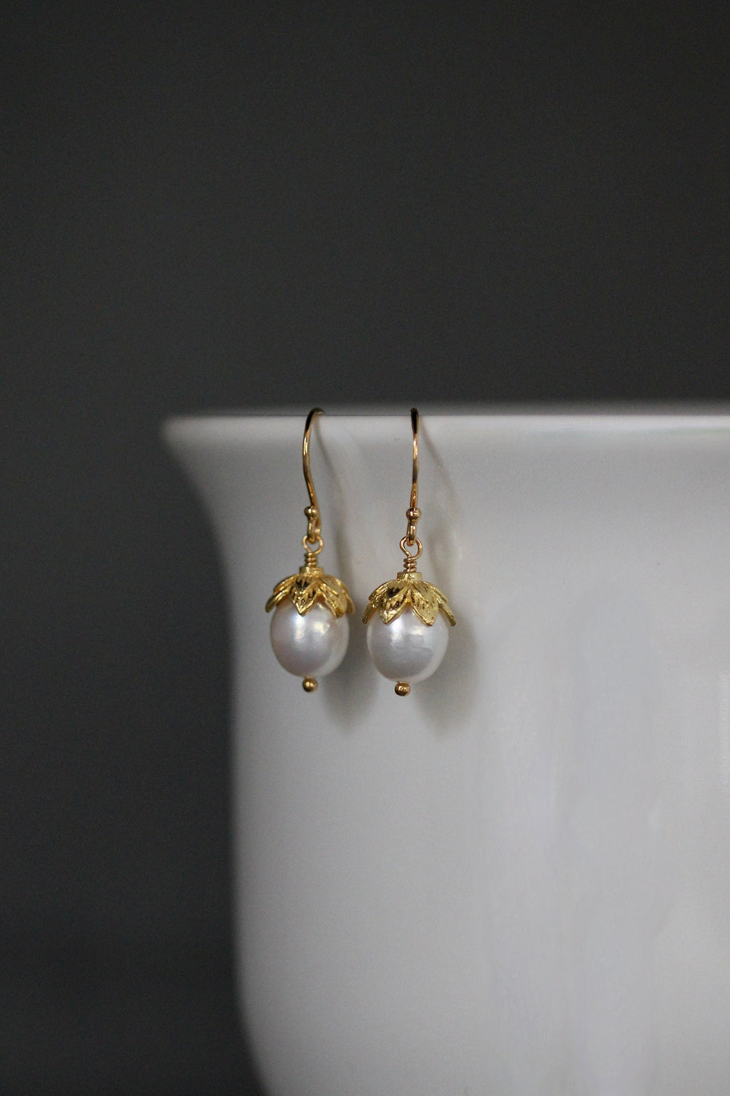 White Oval Freshwater Pearl Dangle Earrings in Gold Vermeil