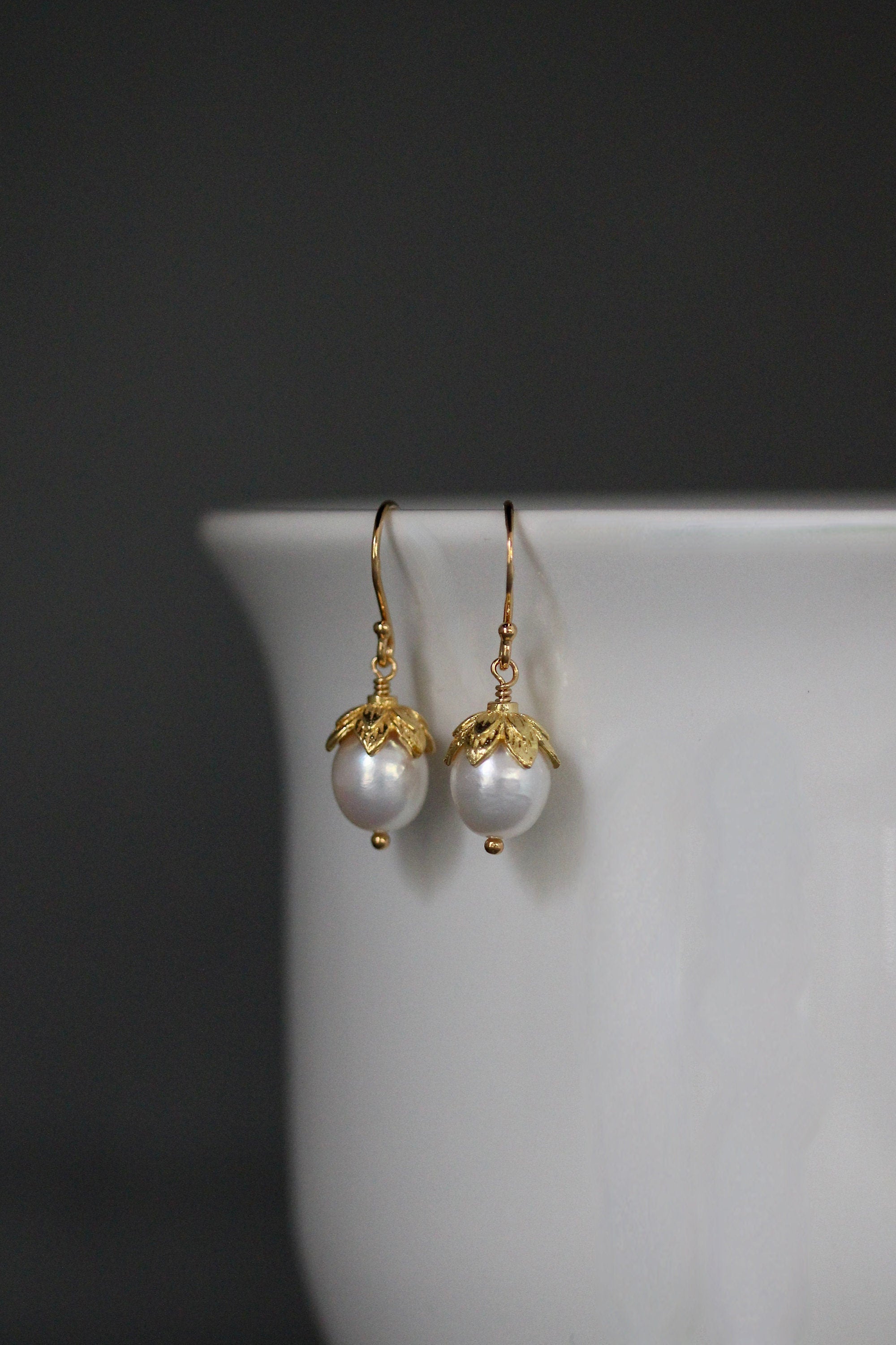 White Oval Freshwater Pearl Dangle Earrings in Gold Vermeil