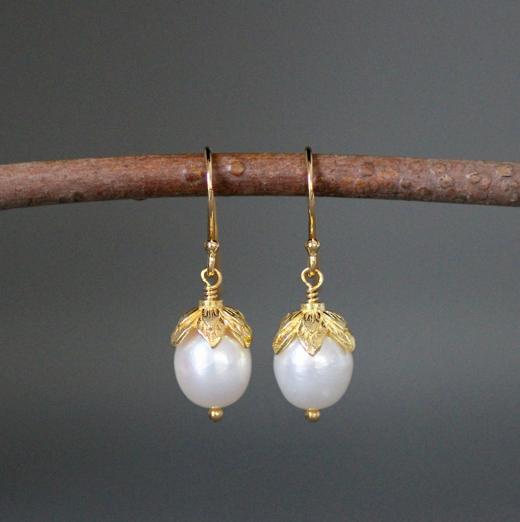 White Oval Freshwater Pearl Dangle Earrings in Gold Vermeil