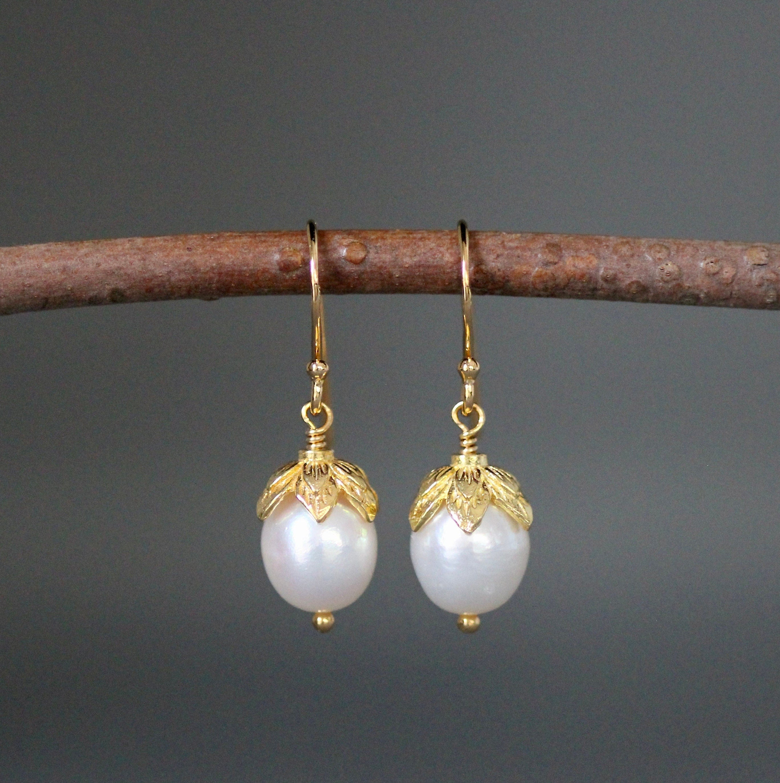 White Oval Freshwater Pearl Dangle Earrings in Gold Vermeil