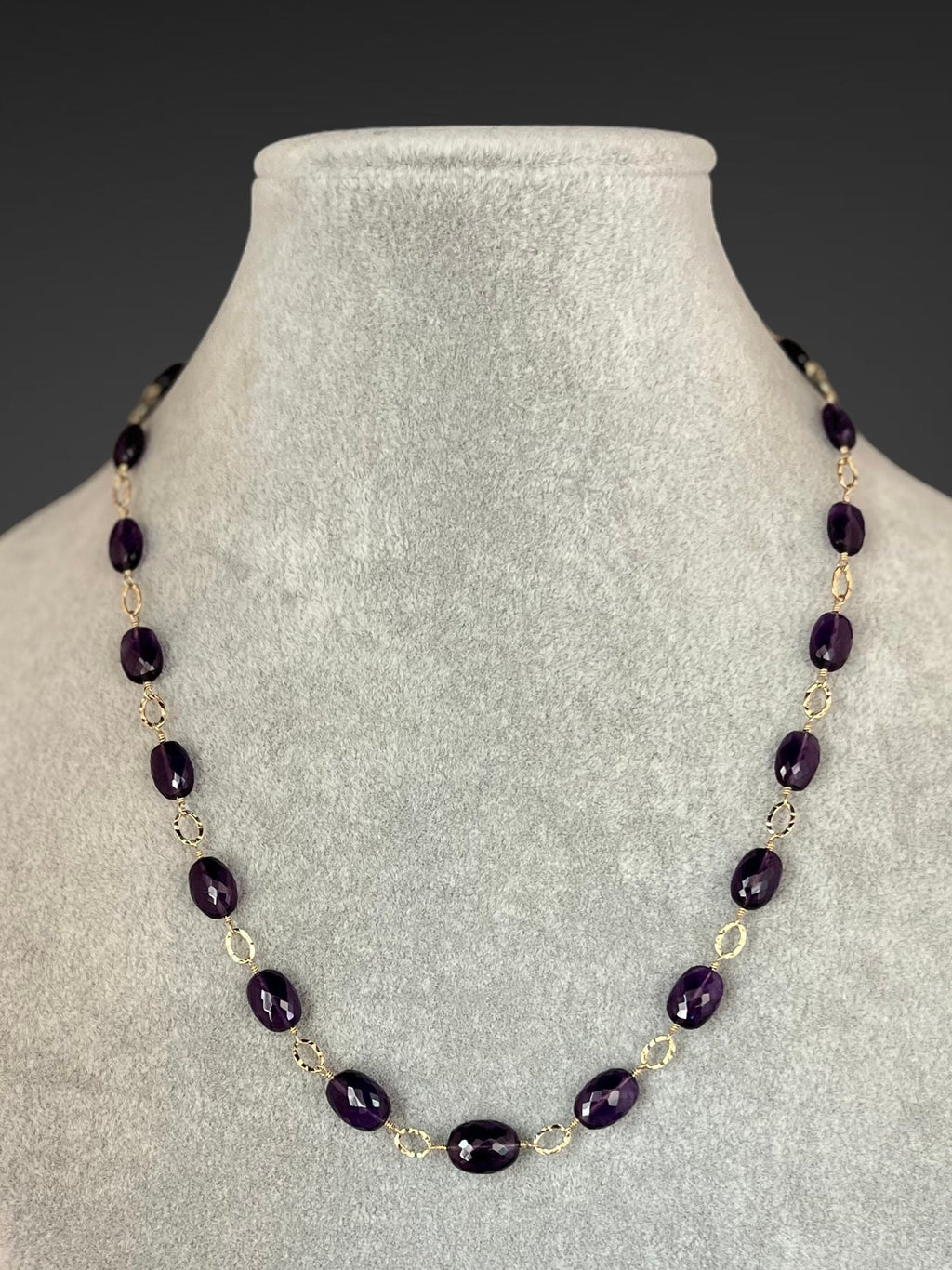 Amethyst Graduated Stone Necklace on Gold Filled Hammered Links