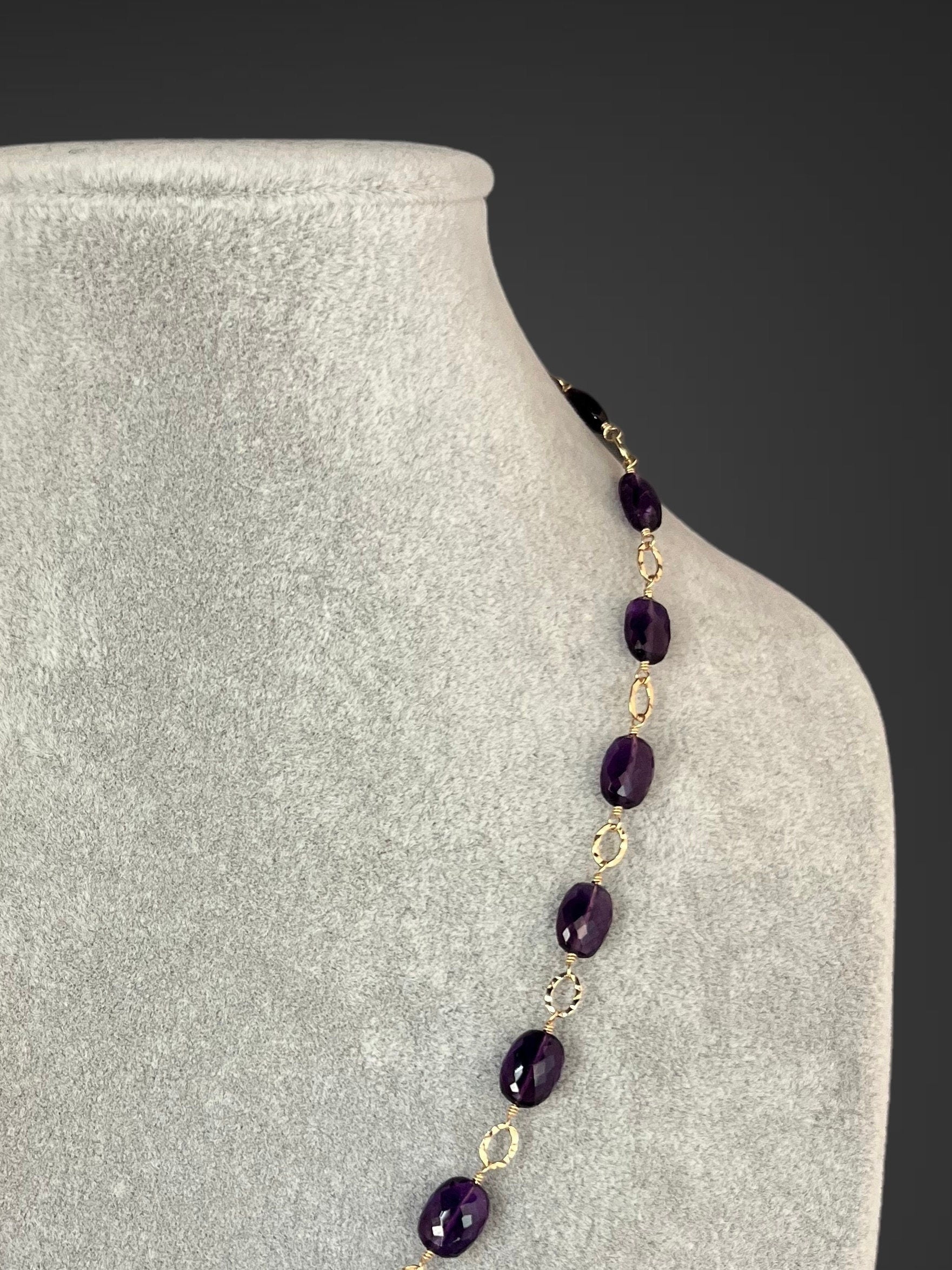 Amethyst Graduated Stone Necklace on Gold Filled Hammered Links