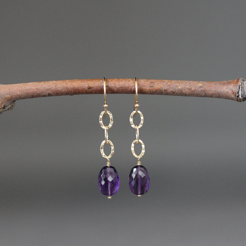 Amethyst Graduated Stone Necklace on Gold Filled Hammered Links