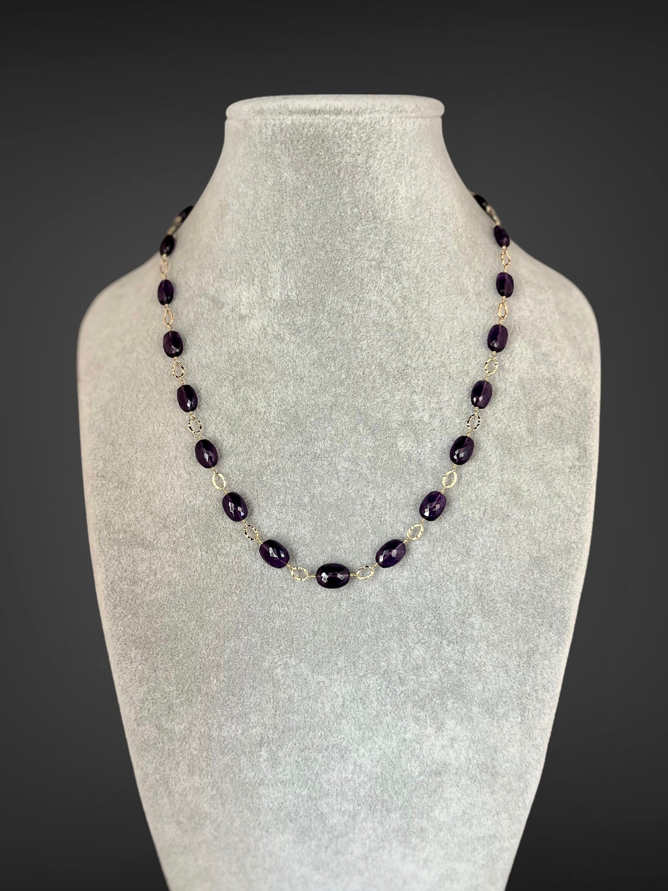 Amethyst Graduated Stone Necklace on Gold Filled Hammered Links