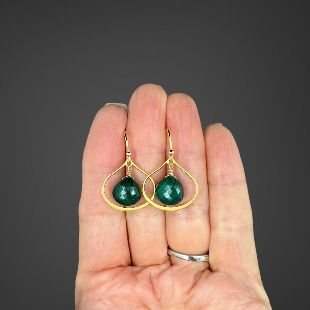 Malachite Teardrop Earrings on Matte Gold Vermeil Links