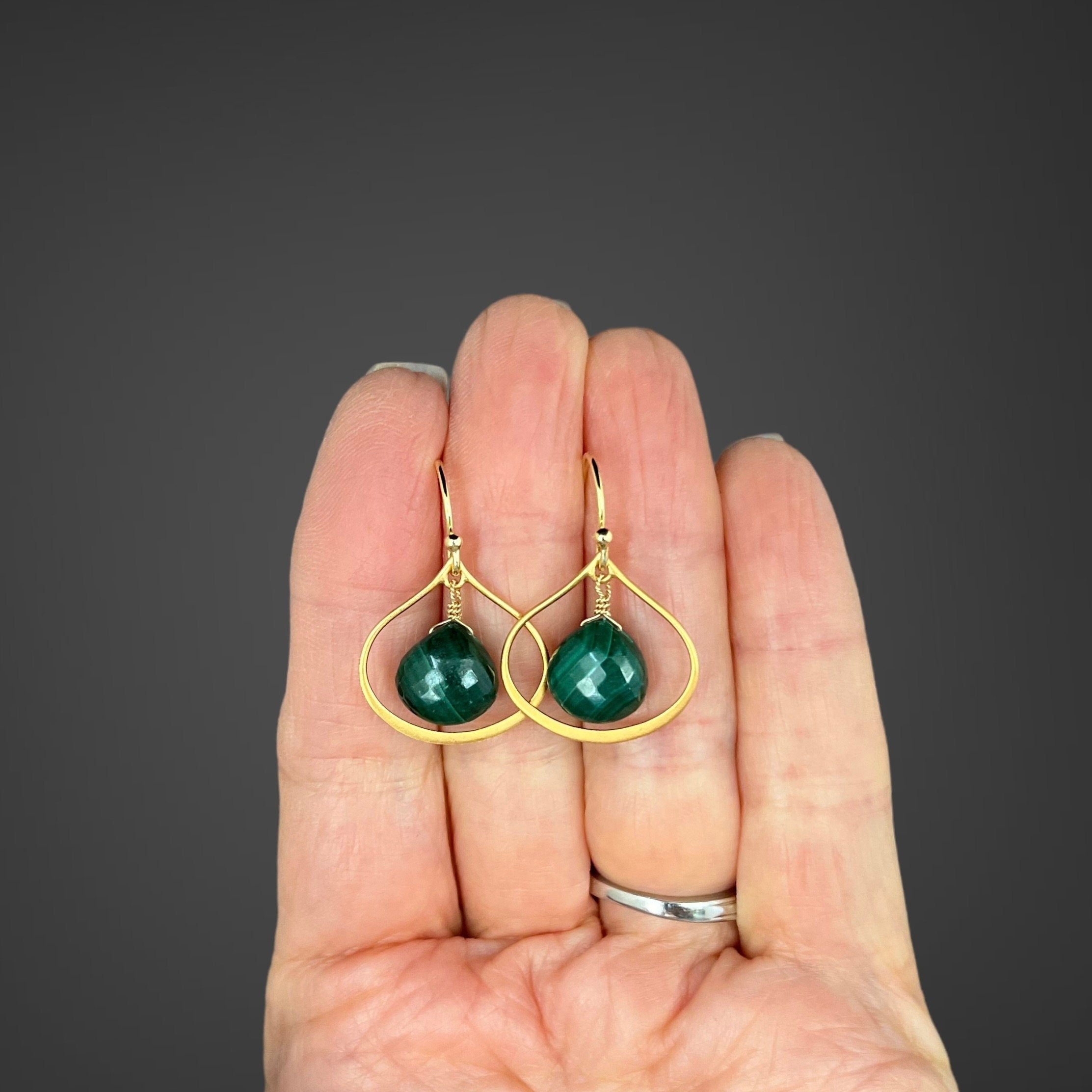 Malachite Teardrop Earrings on Matte Gold Vermeil Links
