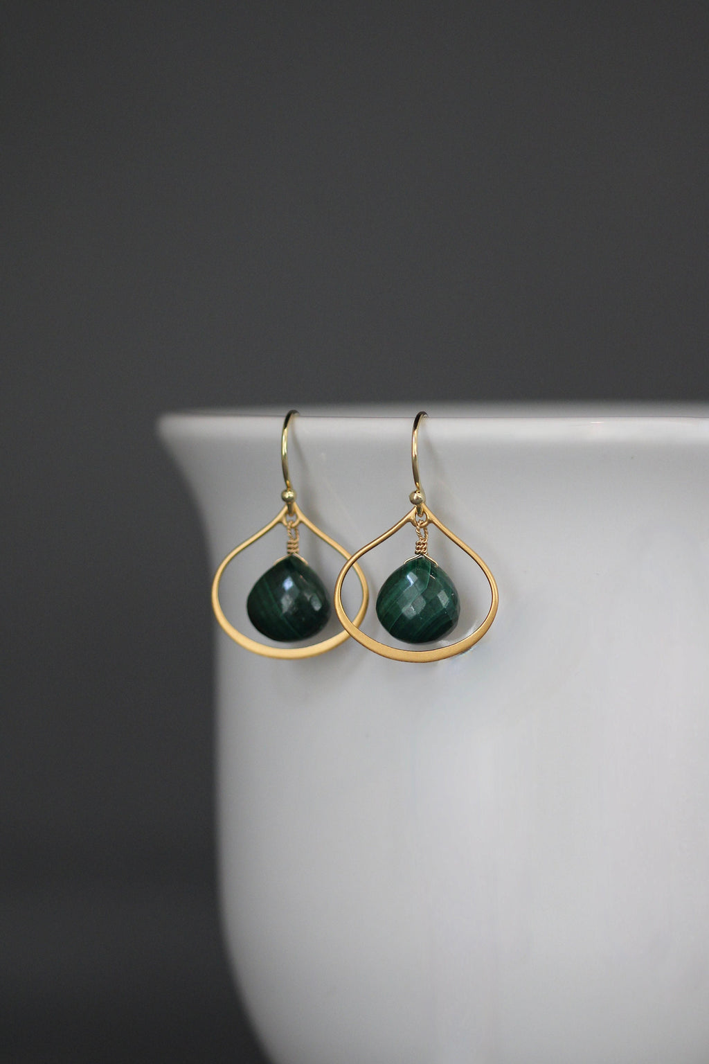 Malachite Teardrop Earrings on Matte Gold Vermeil Links