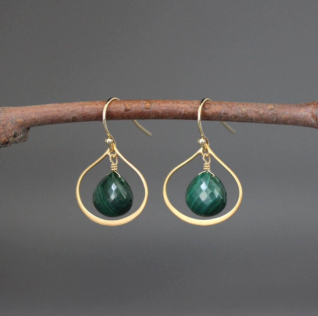 Malachite Teardrop Earrings on Matte Gold Vermeil Links