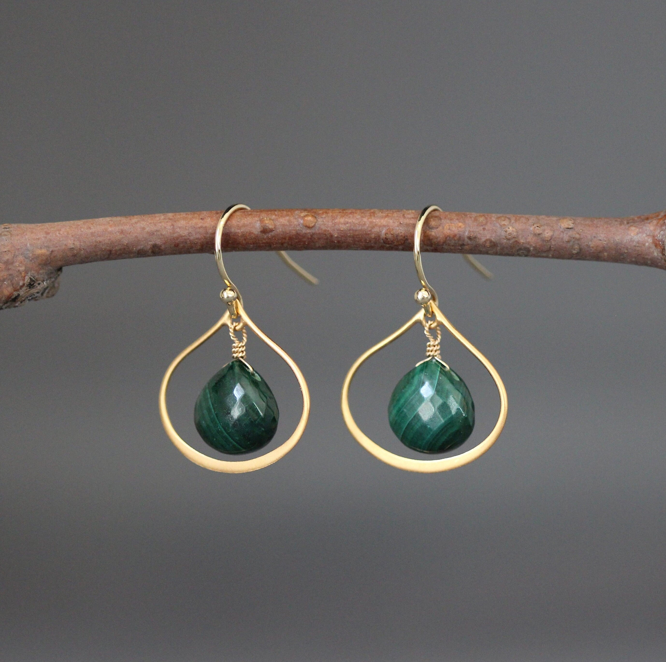 Malachite Teardrop Earrings on Matte Gold Vermeil Links