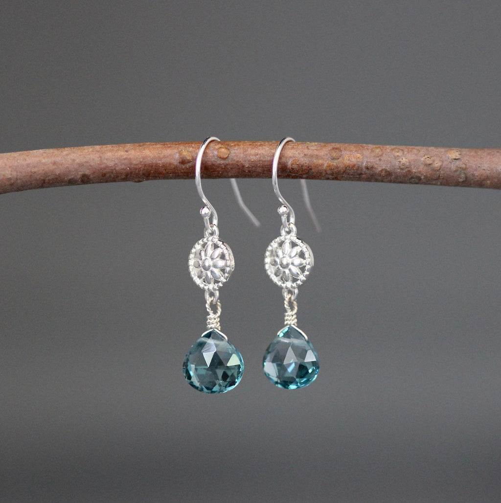 London Blue Quartz Teardrop Earrings on Bali Sterling Silver Flower Links