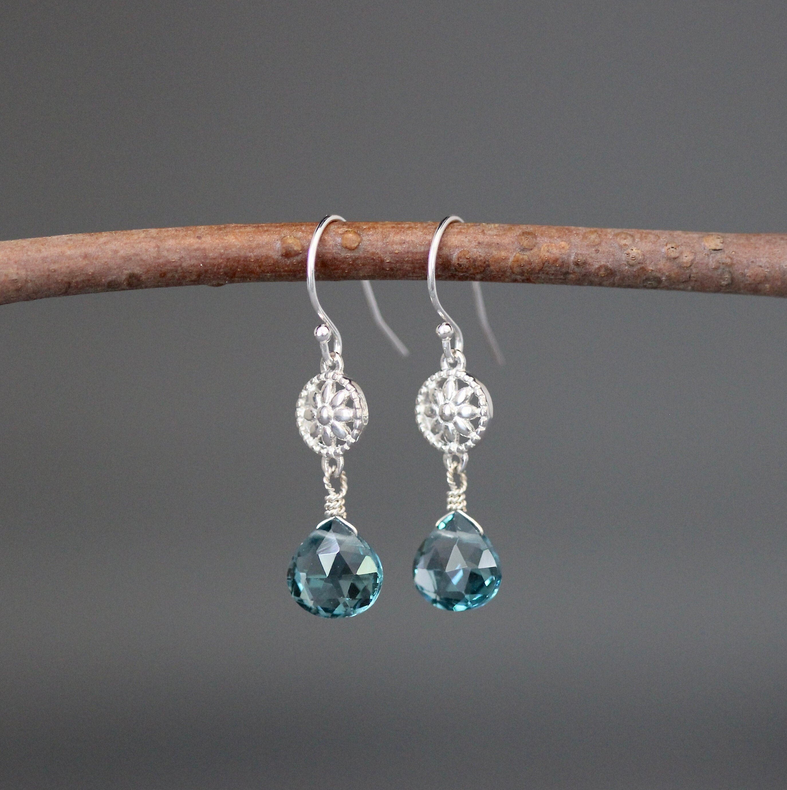 London Blue Quartz Teardrop Earrings on Bali Sterling Silver Flower Links