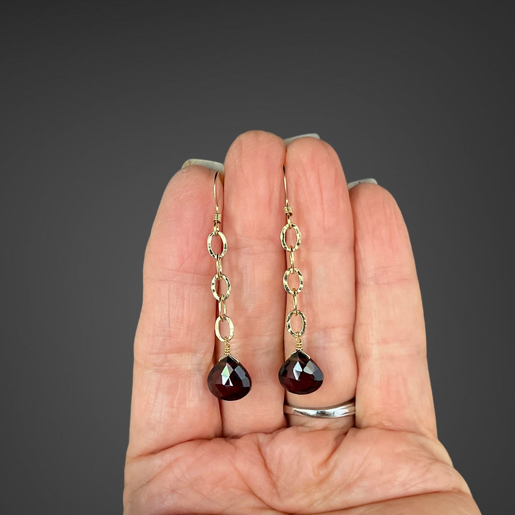 Red Garnet Quartz Teardrop Earrings on Hammered Gold Filled Links