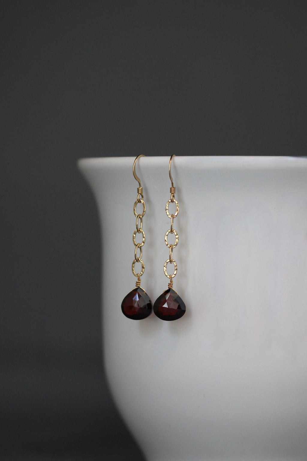 Red Garnet Quartz Teardrop Earrings on Hammered Gold Filled Links